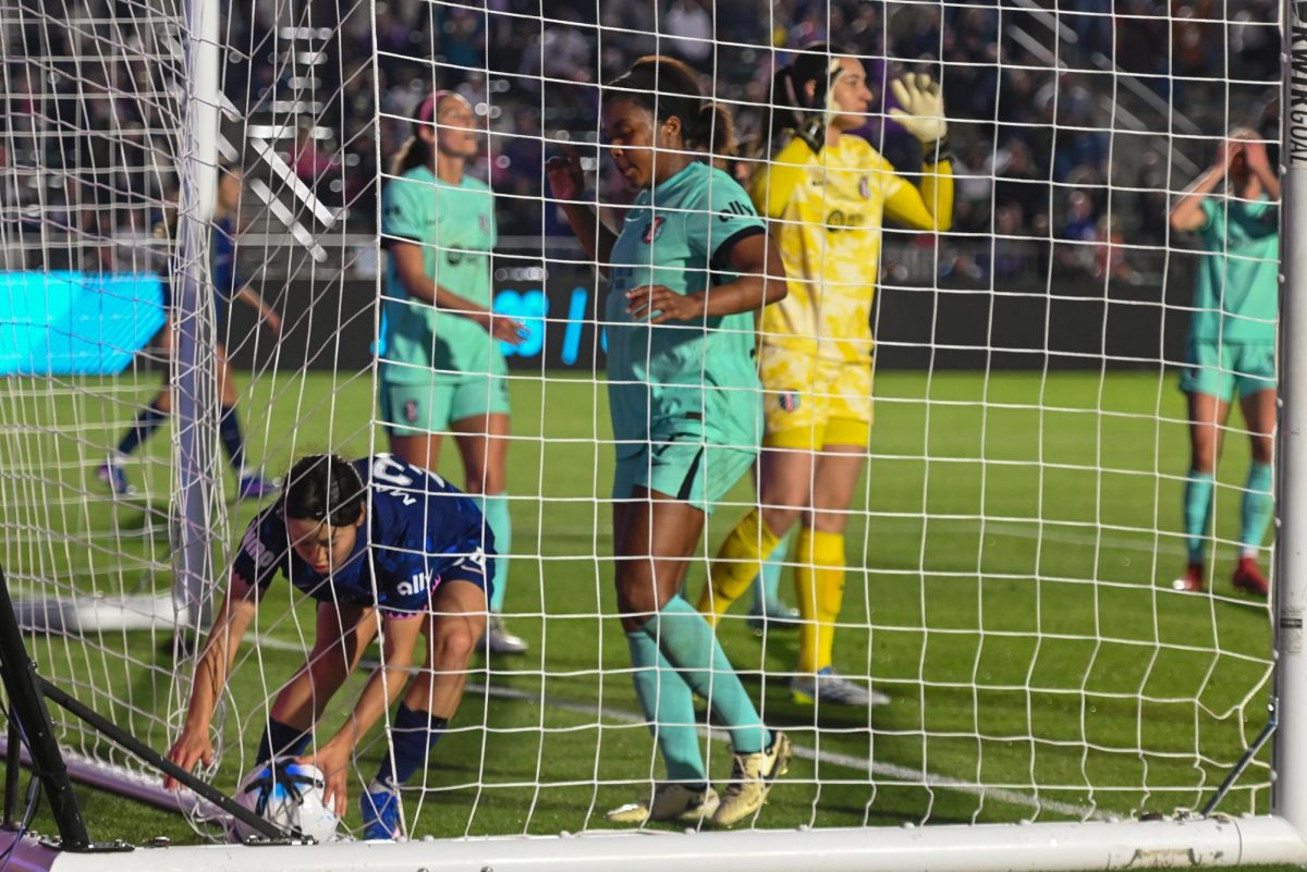 Midfielder Manaka Matsukubo grabs the ball from the net during the game between the North Carolina Courage and Kansas City Current at First Horizon Stadium on Saturday, May. 2, 2026. There were 10,031 people in attendance, ranking third overall in club history. Courage fell to the Current 2-1.
