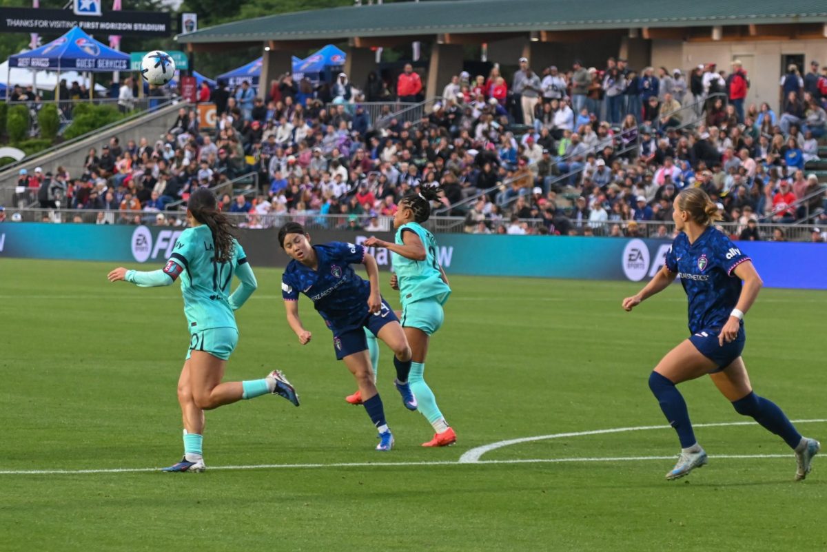 Midfielder Manaka Matsukubo jumps for the ball during the game between the North Carolina Courage and Kansas City Current at First Horizon Stadium on Saturday, May. 2, 2026. There were 10,031 people in attendance, ranking third overall in club history. Courage fell to the Current 2-1.