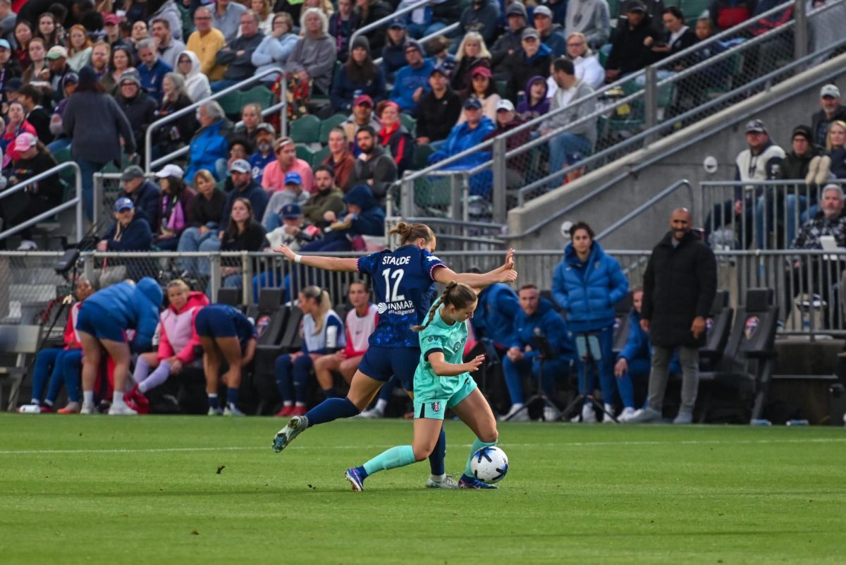 Defender Natalia Staude defends during the game between the North Carolina Courage and Kansas City Current at First Horizon Stadium on Saturday, May. 2, 2026. There were 10,031 people in attendance, ranking third overall in club history. Courage fell to the Current 2-1.