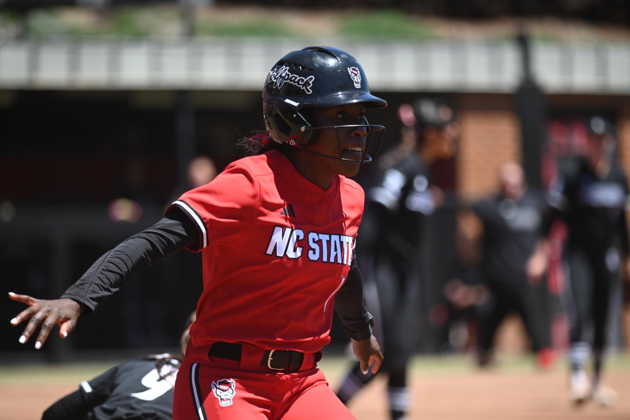 Senior outfielder Maia Townsend runs to first base during the game against Louisville at Dail Softball Stadium on Sunday, May 3, 2026. The Cardinals defeated the Wolfpack 8-3.