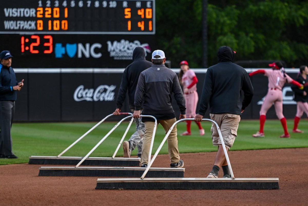 The grounds crew fixes the dirt after the fifth inning during the game against Louisville at Dail Softball Stadium on Friday, May 1, 2026. The Wolfpack fell to the Cardinals 5-1.