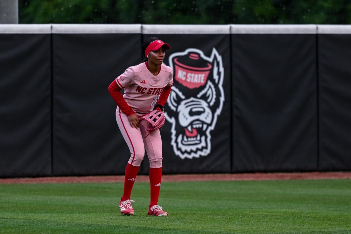 Senior utilities player Makayla Marbury awaits the ball during the game against Louisville at Dail Softball Stadium on Friday, May 1, 2026. The Wolfpack fell to the Cardinals 5-1.