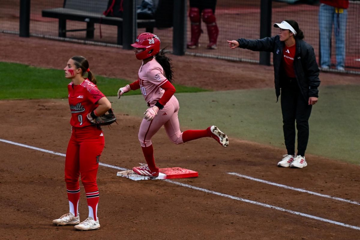 Senior utilities player Makayla Marbury runs the bases during the game against Louisville at Dail Softball Stadium on Friday, May 1, 2026. The Wolfpack fell to the Cardinals 5-1.