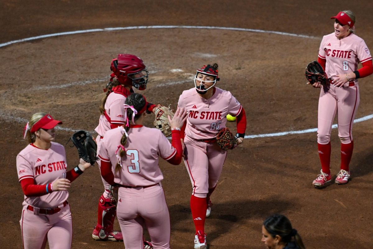 Graduate Student pitcher Charli Orsini celebrates after a strikeout during the game against Louisville at Dail Softball Stadium on Friday, May 1, 2026. The Wolfpack fell to the Cardinals 5-1.