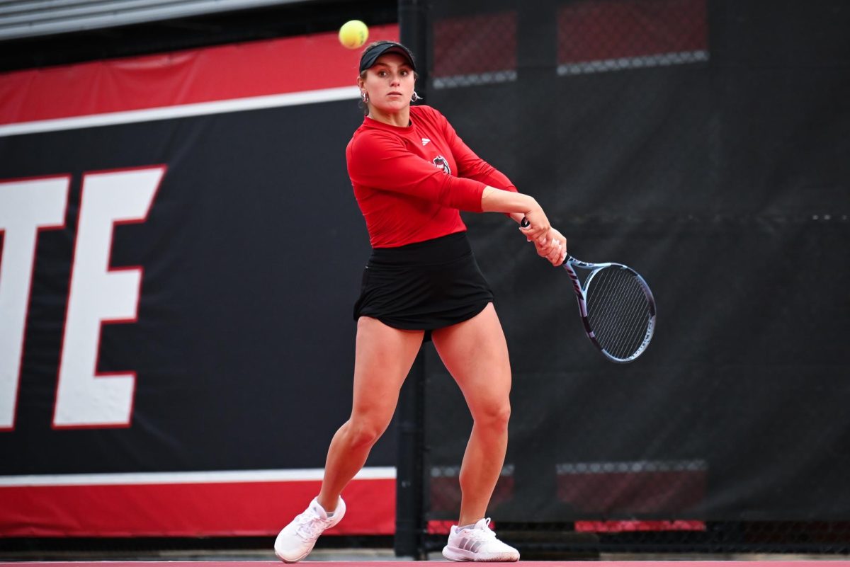 Junior Gabriella Broadfoot eyes the ball during the match against UCF in the second round of the NCAA Womens Tennis Championship at J.W. Isenhour Tennis Center on Saturday, May 2, 2026. The Wolfpack defeated the Knights 4-0.