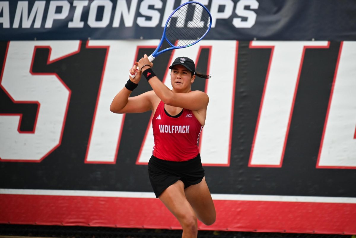 Sophomore Mia Slama follows through on a backhand during the match against UCF in the second round of the NCAA Womens Tennis Championship at J.W. Isenhour Tennis Center on Saturday, May 2, 2026. The Wolfpack defeated the Knights 4-0.