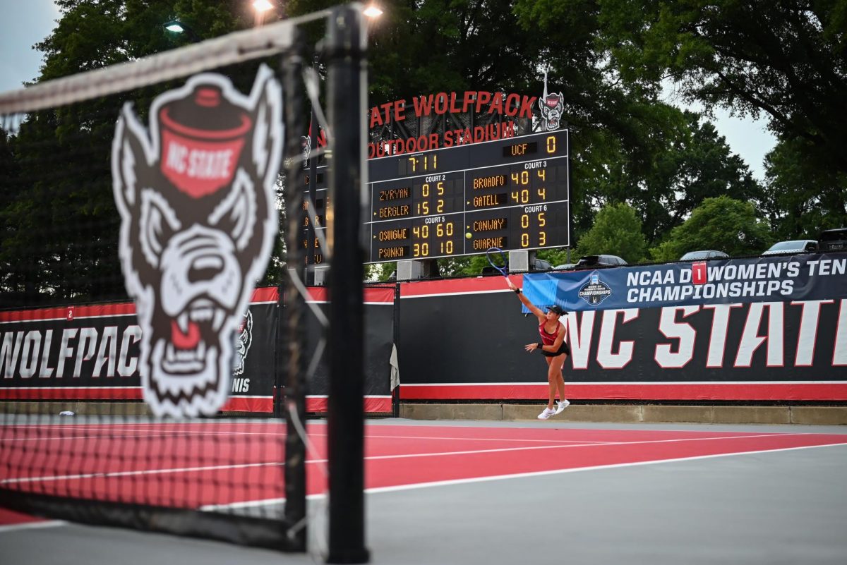 Sophomore Mia Slama serves during the match against UCF in the second round of the NCAA Womens Tennis Championship at J.W. Isenhour Tennis Center on Saturday, May 2, 2026. The Wolfpack defeated the Knights 4-0.