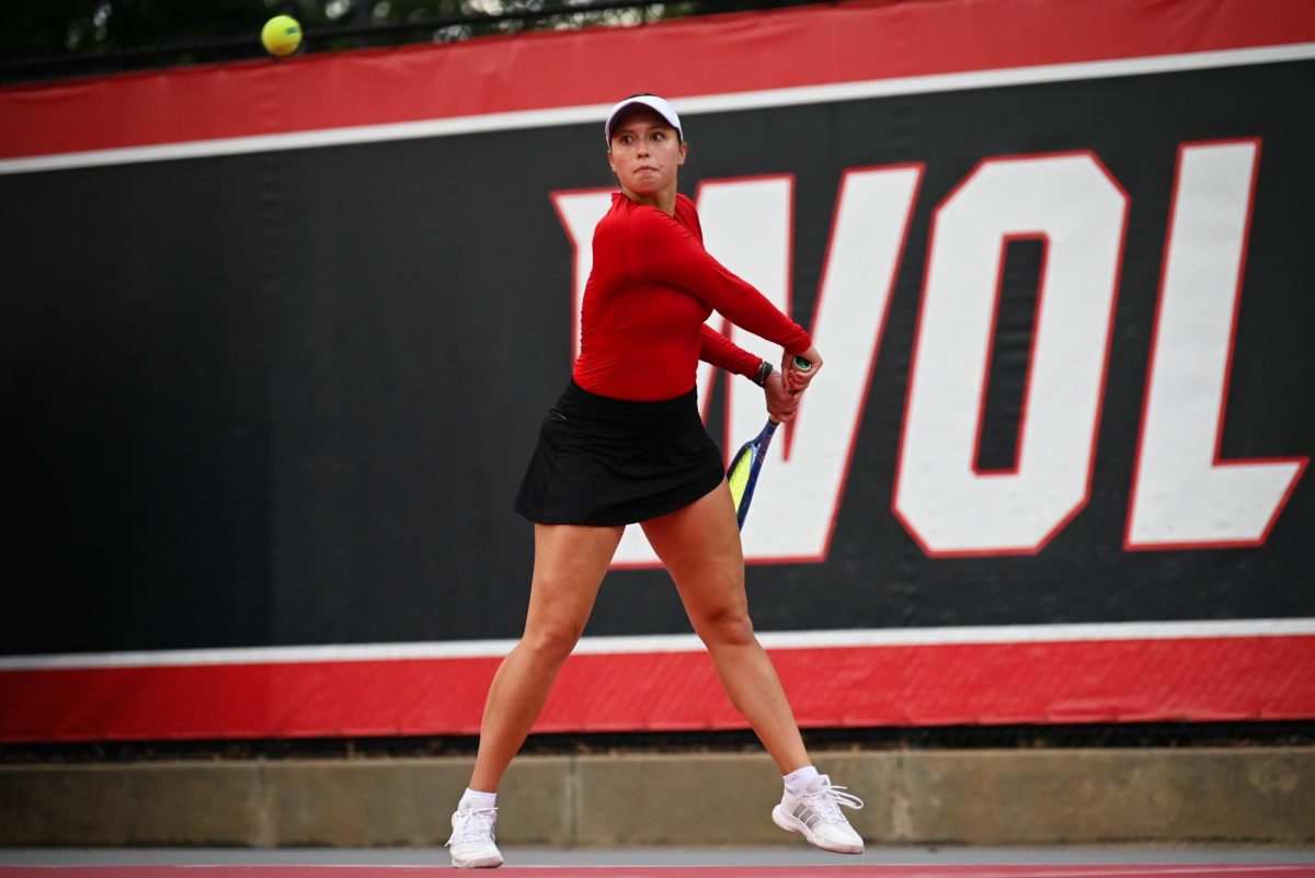 Senior Anna Zyryanova eyes a backhand during the match against UCF in the second round of the NCAA Womens Tennis Championship at J.W. Isenhour Tennis Center on Saturday, May 2, 2026. The Wolfpack defeated the Knights 4-0.
