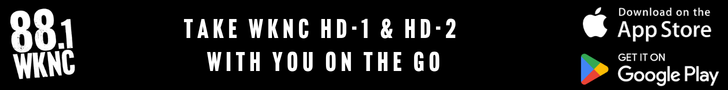 Banner with text promoting WKNC 88.1 FM and app download on App Store and Google Play.