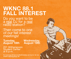 Advertisement for WKNC 88.1 fall interest meetings with a retro DJ illustration.