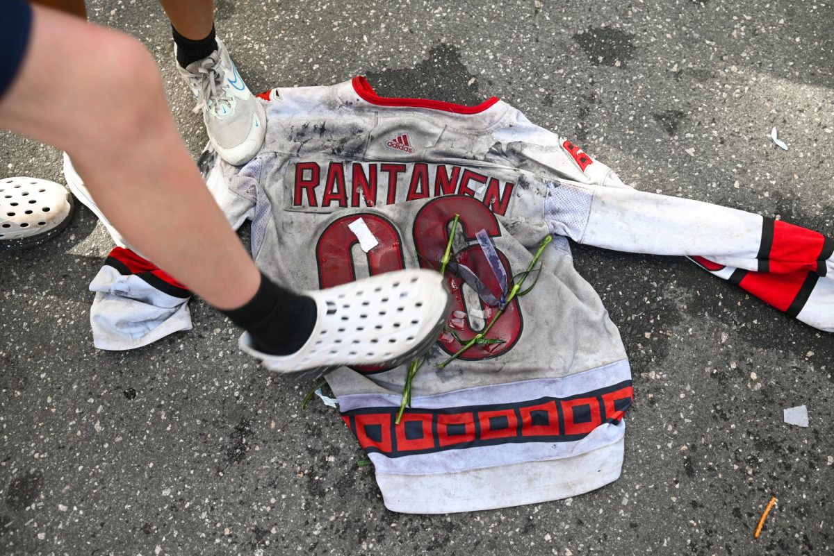 The jersey of former Hurricanes player Mikko Rantanen stomped on by Hurricanes fans during the Carolina Hurricanes Championship Parade in Downtown Raleigh on June 20, 2026. Rantanen played 13 games with the Hurricanes and was then traded to the Dallas Stars.