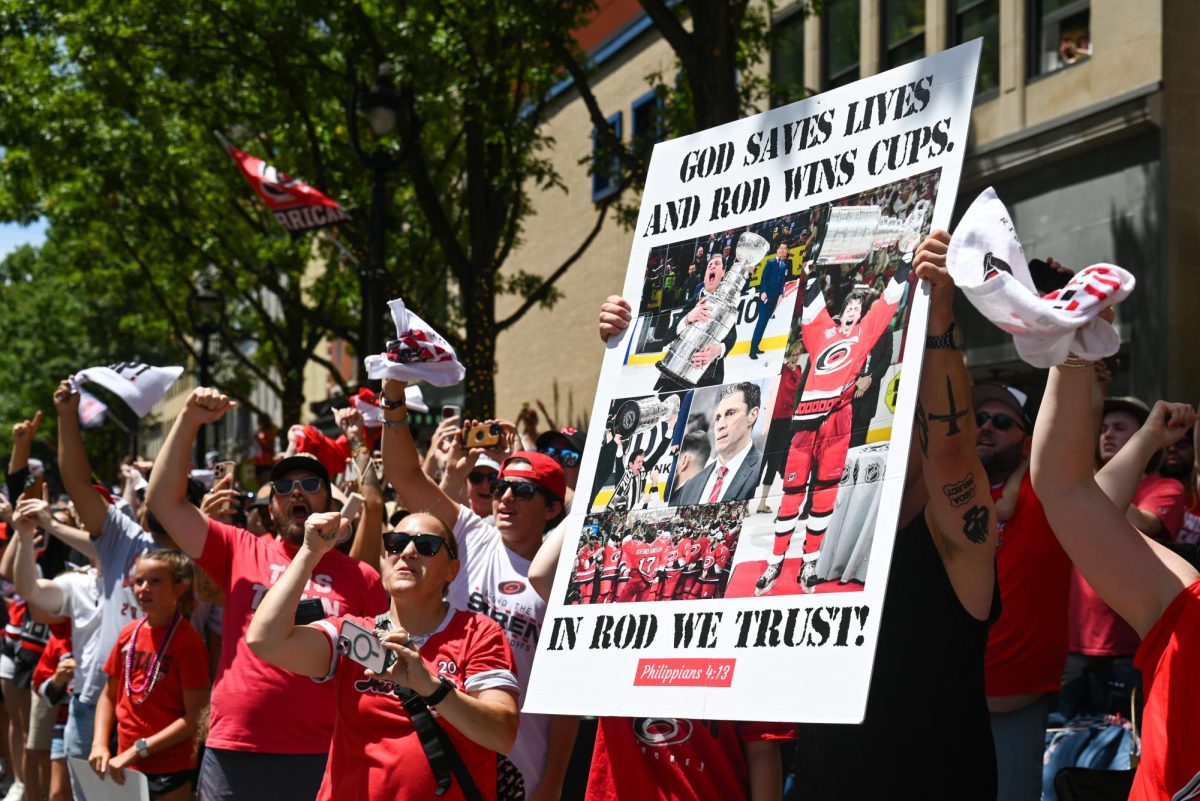 Hurricanes fans hold up a sign celebrating Head Coach Rod Brind’Amour during the Carolina Hurricanes Championship Parade in Downtown Raleigh on June 20, 2026. The parade had an attendance of 100000+ hockey fans from all parts of NC and the United States.