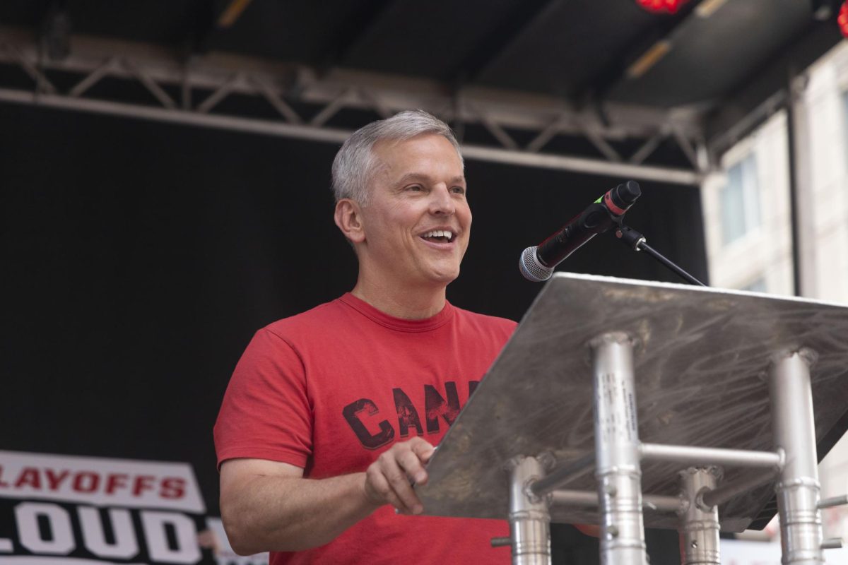 Gov. Josh Stein speaks to the crowd during the Championship Celebration in downtown Raleigh on Saturday, June 20, 2026. Stein officially congratulated the team on bringing the title back to North Carolina.