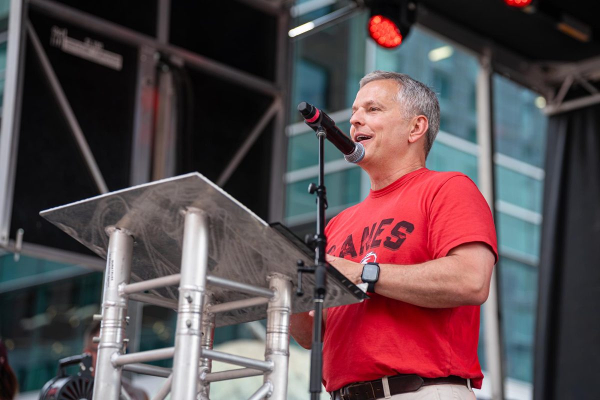 North Carolina Governor Josh Stein gives a speech during the Canes Stanley Cup parade in downtown Raleigh on Saturday, June 20, 2026. The victory celebration marked the franchise’s second league title in history and its first in 20 years.