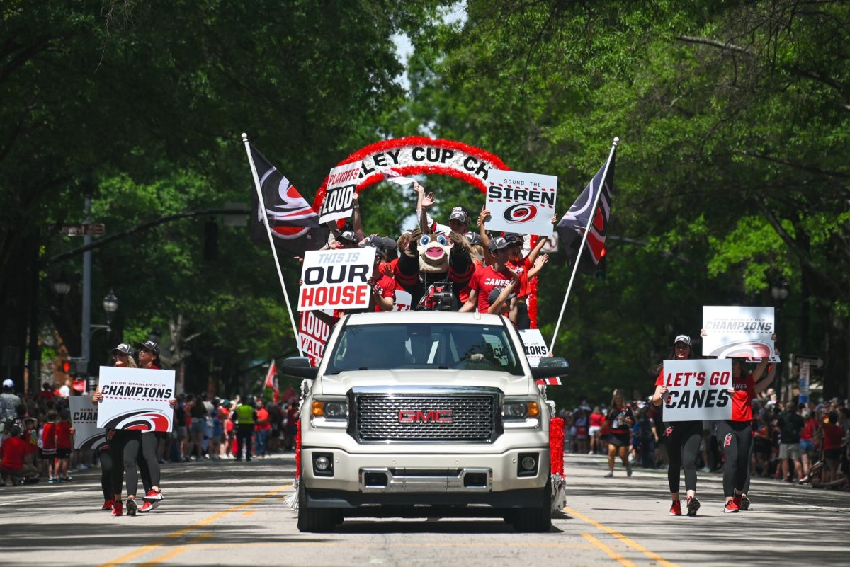 Carolina Hurricanes Mascot, Stormy, cheers at the fans during the Carolina Hurricanes Championship Parade in Downtown Raleigh on June 20, 2026. The parade had an attendance of 100000+ hockey fans from all parts of NC and the United States.
