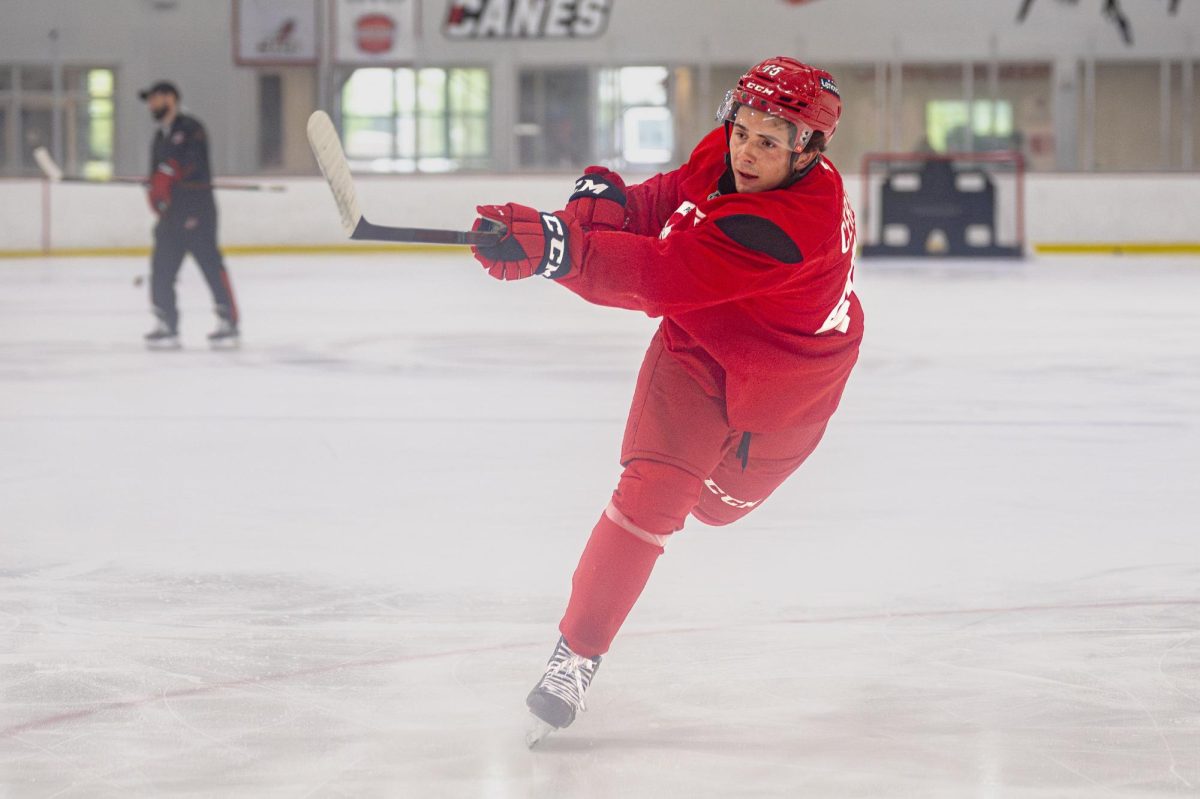 Center Charlie Cerrato (45) shoots a puck during the Hurricanes 2026 Prospects Development Camp on Monday, June 29, 2026. The Hurricanes selected Cerrato in the second round of the 2025 draft (51st overall).