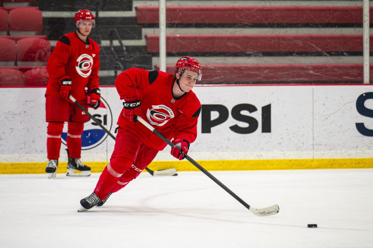 Left wing Filip Ekberg (41) skates to a puck during the Hurricanes 2026 Prospects Development Camp on Monday, June 29, 2026. Players competed in off-ice training and educational sessions, as well as on-ice sessions at Invisalign Arena.