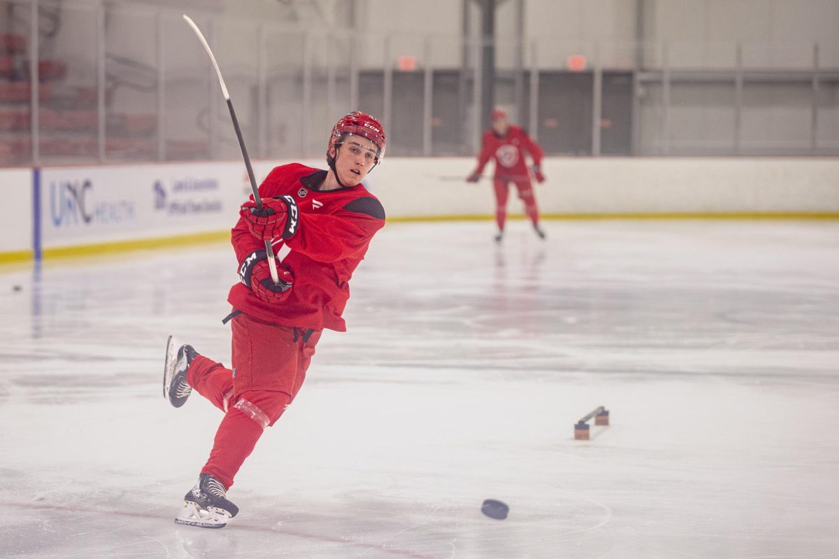 Left wing Filip Ekberg (41) shoots a puck during the Hurricanes 2026 Prospects Development Camp on Monday, June 29, 2026. Players competed in off-ice training and educational sessions, as well as on-ice sessions at Invisalign Arena.