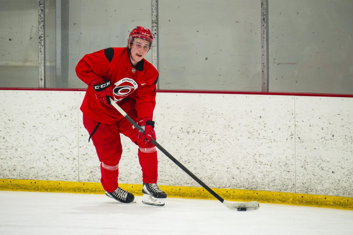 Left wing Filip Ekberg (41) skates with the puck during the Hurricanes 2026 Prospects Development Camp on Monday, June 29, 2026. Players competed in off-ice training and educational sessions, as well as on-ice sessions at Invisalign Arena.