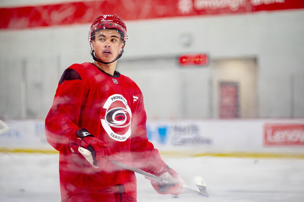 Left wing Viggo Nordlund (96) looks to his right during the Hurricanes 2026 Prospects Development Camp on Monday, June 29, 2026. Players competed in off-ice training and educational sessions, as well as on-ice sessions at Invisalign Arena.