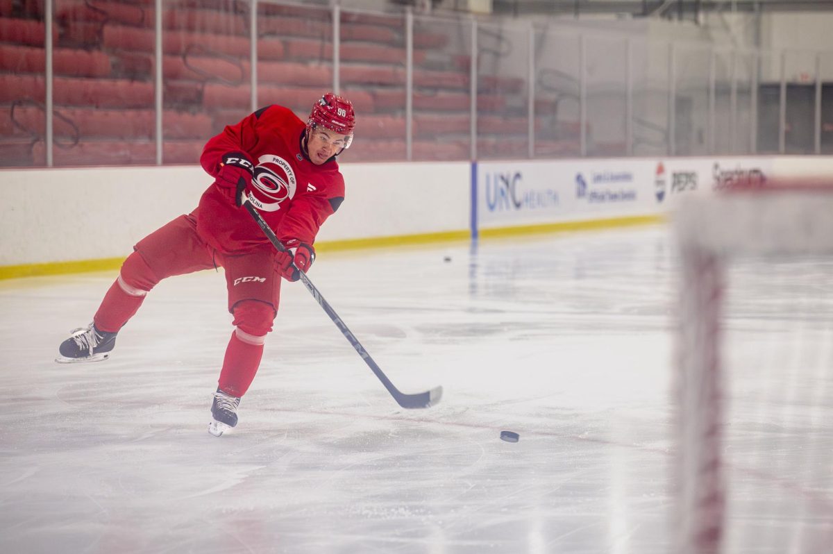Left wing Viggo Nordlund (96) shoots a puck during the Hurricanes 2026 Prospects Development Camp on Monday, June 29, 2026. Players competed in off-ice training and educational sessions, as well as on-ice sessions at Invisalign Arena.