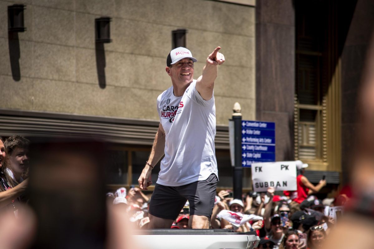 Hurricanes head coach Rod Brind'Amour points to the crowd during the Carolina Hurricanes Championship Celebration in downtown Raleigh on Saturday, June 20, 2026.