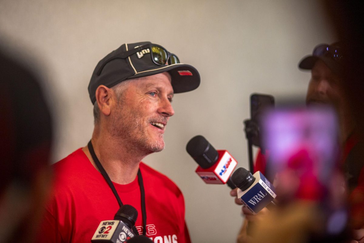 Hurricanes owner Tom Dundon speaks with the media during the Carolina Hurricanes Championship Celebration in downtown Raleigh on Saturday, June 20, 2026.