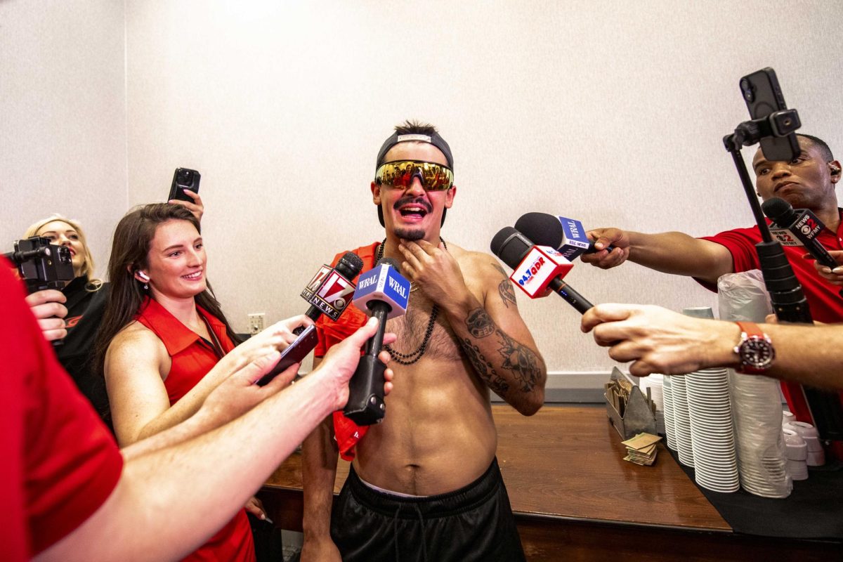 Winger Seth Jarvis takes questions from the media during the Carolina Hurricanes Championship Celebration in downtown Raleigh on Saturday, June 20, 2026.
