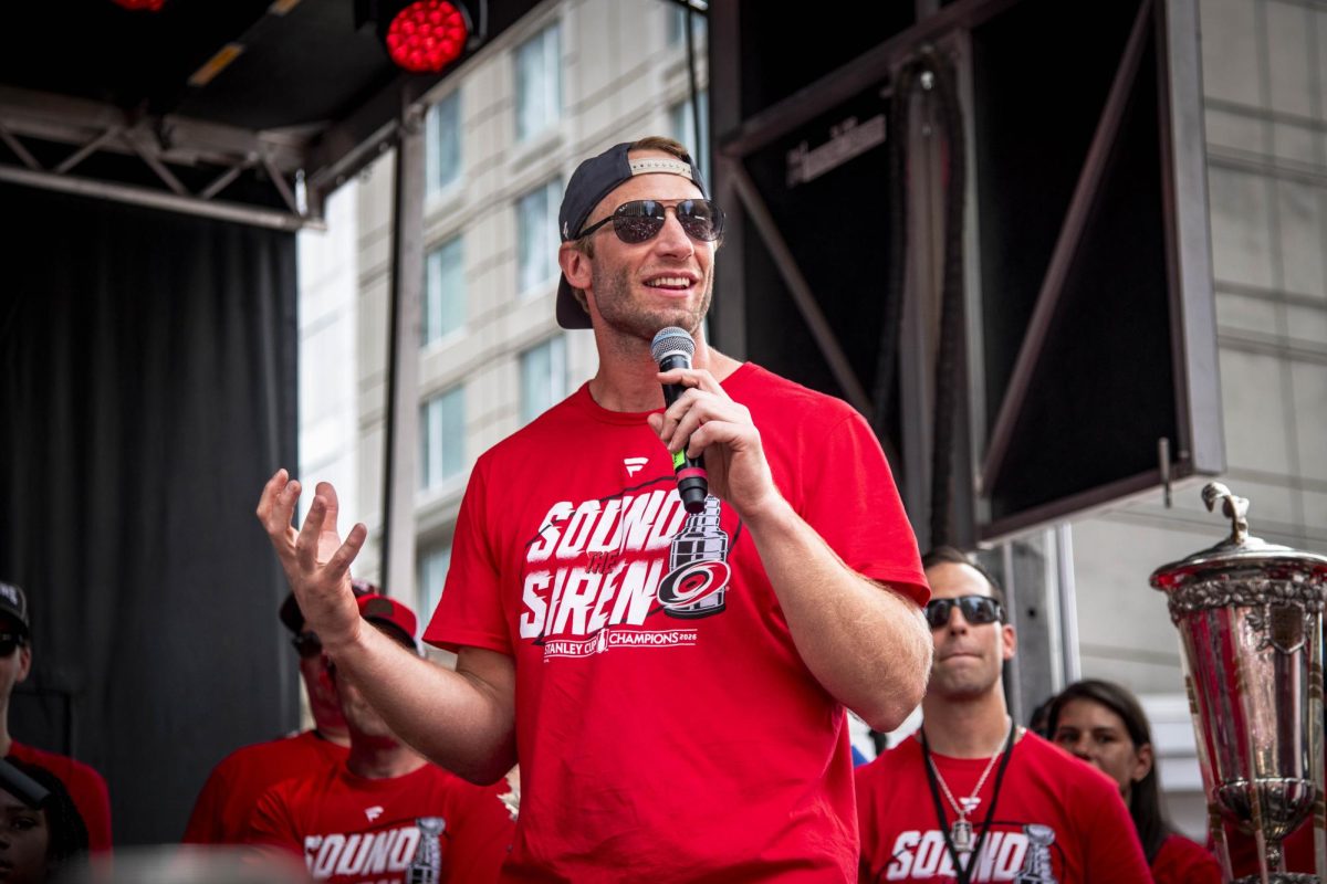 Center Jordan Staal makes a speech during the Carolina Hurricanes Championship Celebration in downtown Raleigh on Saturday, June 20, 2026.