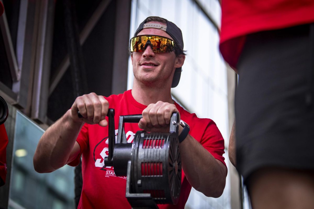 Winger Andrei Svechnikov cranks the storm siren during the Carolina Hurricanes Championship Celebration in downtown Raleigh on Saturday, June 20, 2026.