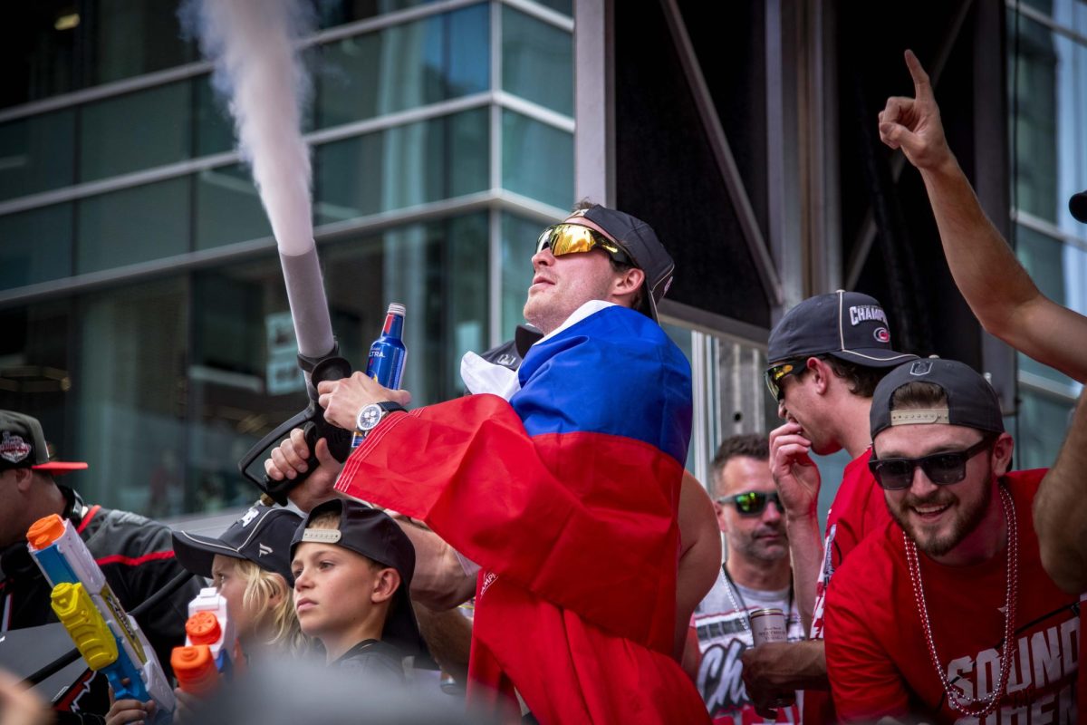 Winger Andrei Svechnikov plays with a smoke gun during the Carolina Hurricanes Championship Celebration in downtown Raleigh on Saturday, June 20, 2026.