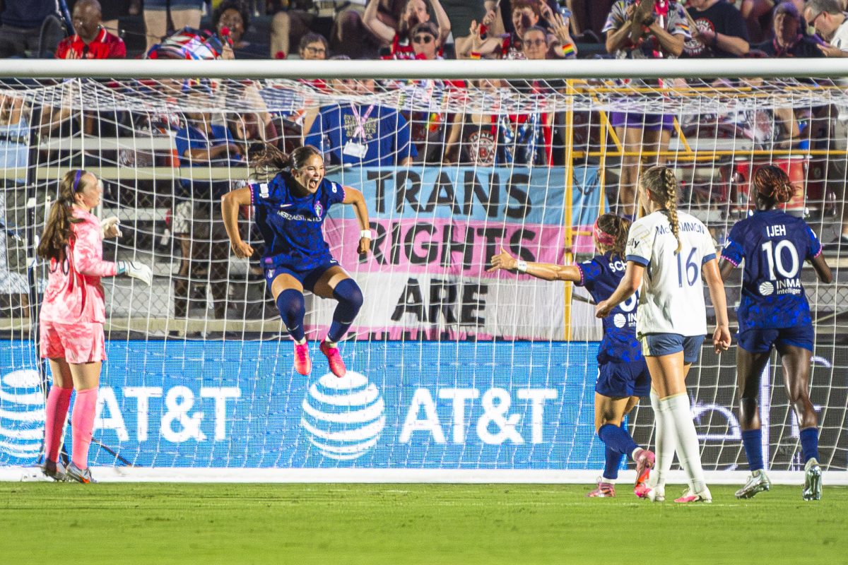 Midfielder Riley Jackson (16) jumps in celebration after scoring a penalty kick during the game against Seattle Reign FC in First Horizon Stadium at WakeMed Soccer Park on Saturday, July 4, 2026. NC Courage FC defeated Seattle Reign FC 3-1.