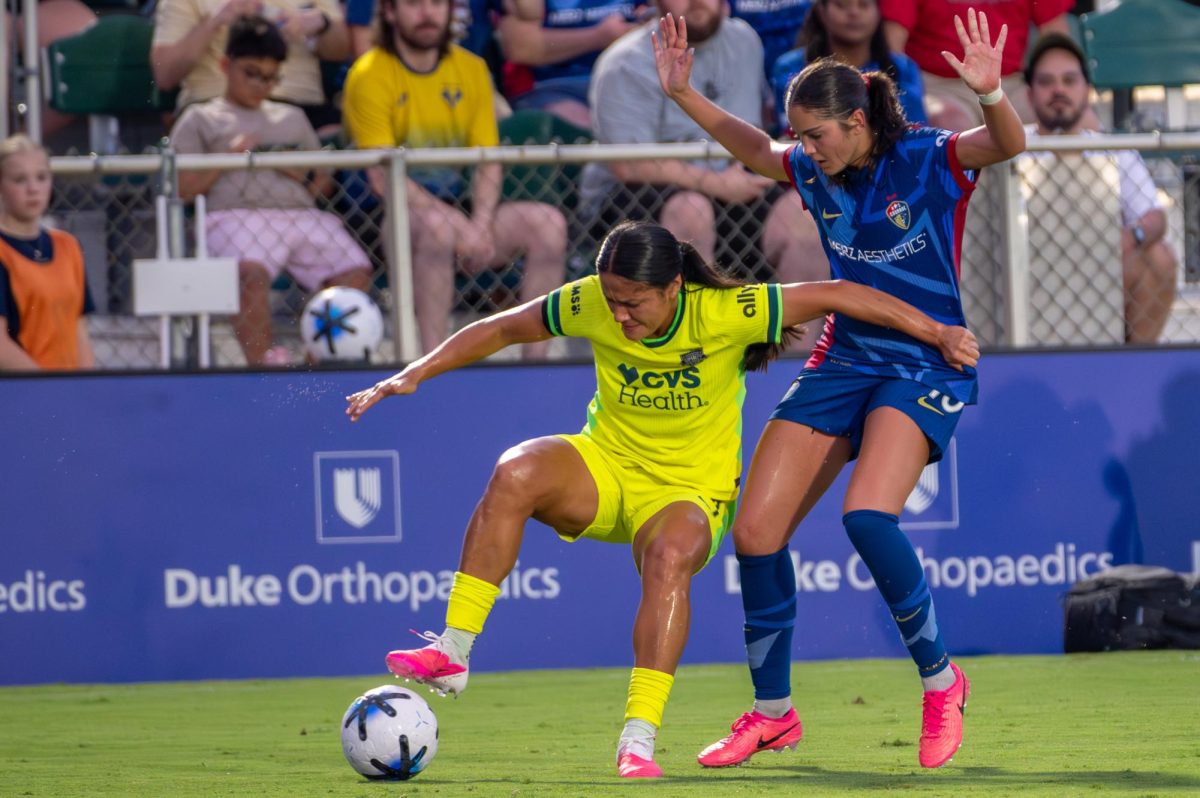 Midfielder Riley Jackson plays defense during the match against Washington Spirit FC at First Horizon Stadium at WakeMed Soccer Park on Saturday, July 11, 2026. The Spirit beat the Courage 2-0.