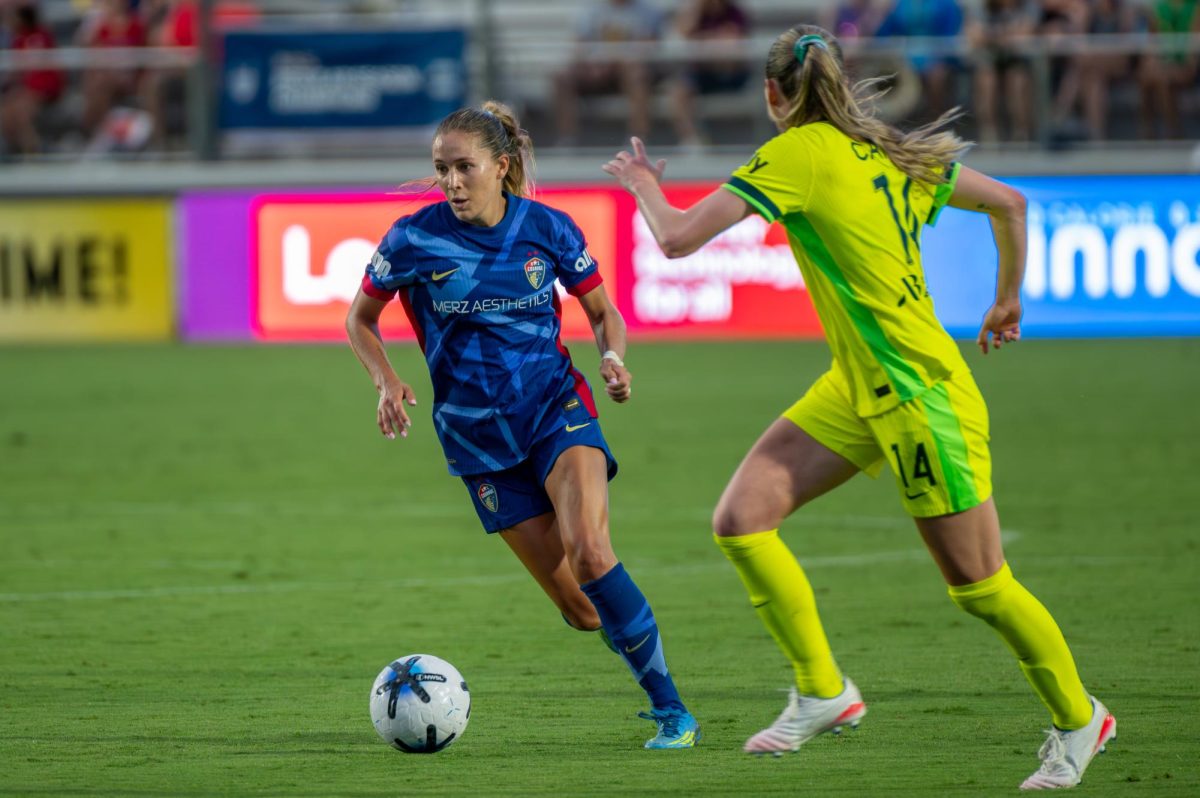 Midfielder Ashley Sanchez dribbles the ball during the match against Washington Spirit FC at First Horizon Stadium at WakeMed Soccer Park on Saturday, July 11, 2026. The Spirit beat the Courage 2-0.