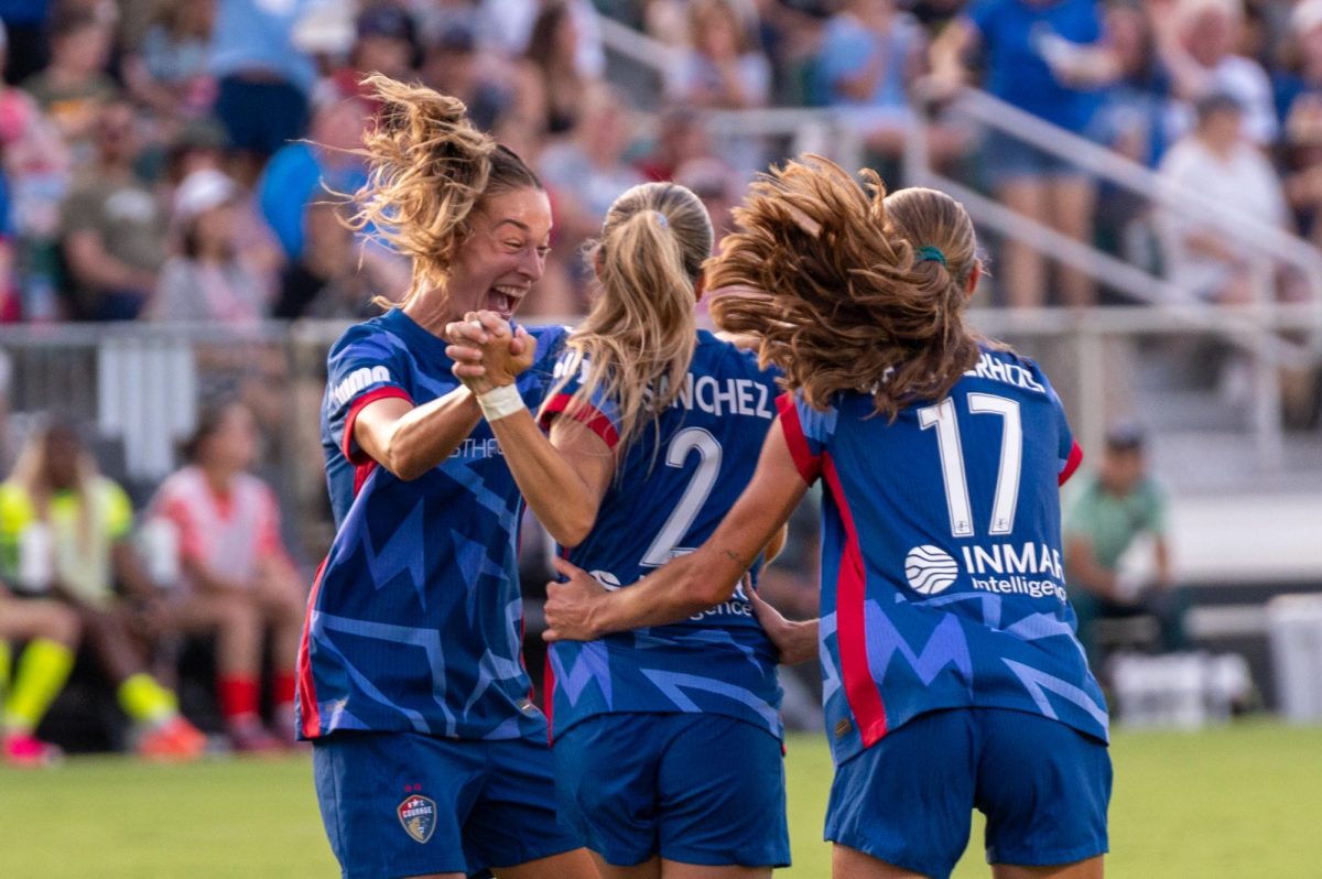 Midfielder Ashley Sanchez celebrates a goal after scoring a penalty kick during the match against Washington Spirit FC at First Horizon Stadium at WakeMed Soccer Park, on Saturday, July 11, 2026. The goal was later reversed after a technicality. The Spirit beat the Courage 2-0.
