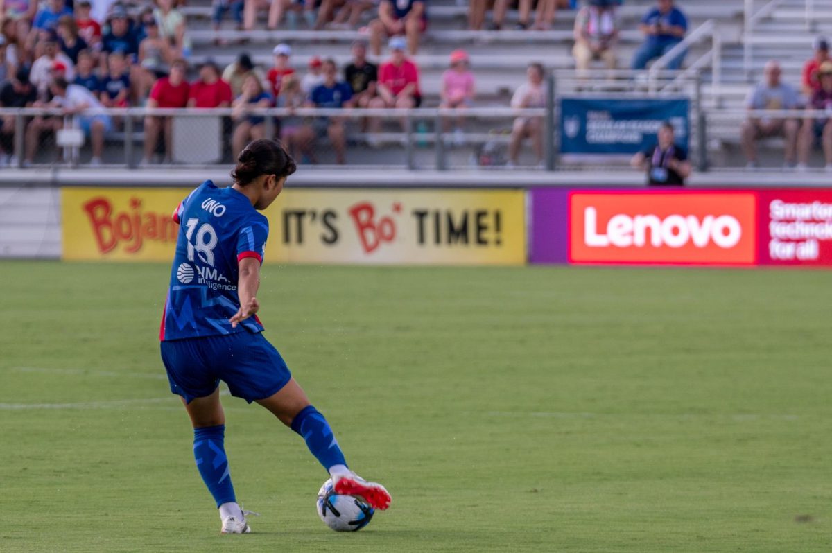 Defender Uno Shiragaki passes the ball during the match against Washington Spirit FC at First Horizon Stadium at WakeMed Soccer Park on Saturday, July 11, 2026. The Spirit beat the Courage 2-0.