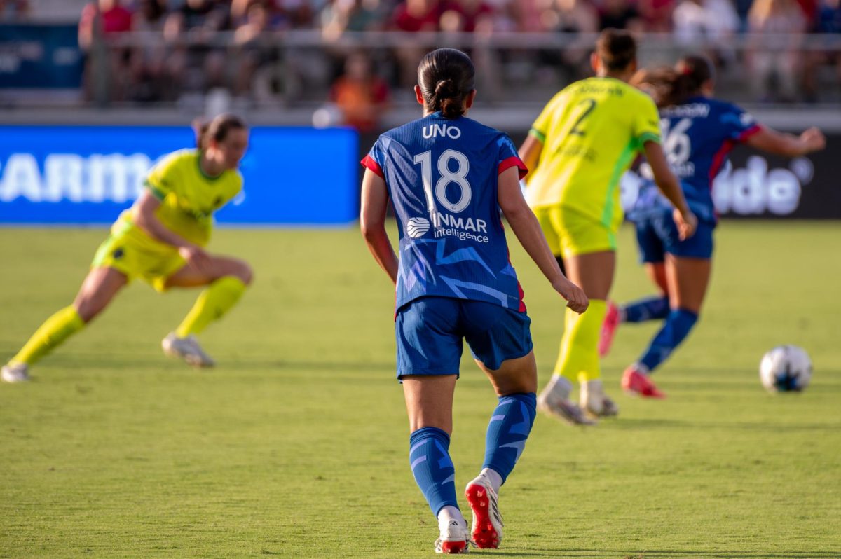 Defender Uno Shiragaki runs after the ball during the match against Washington Spirit FC at First Horizon Stadium at WakeMed Soccer Park on Saturday, July 11, 2026. The Spirit beat the Courage 2-0.