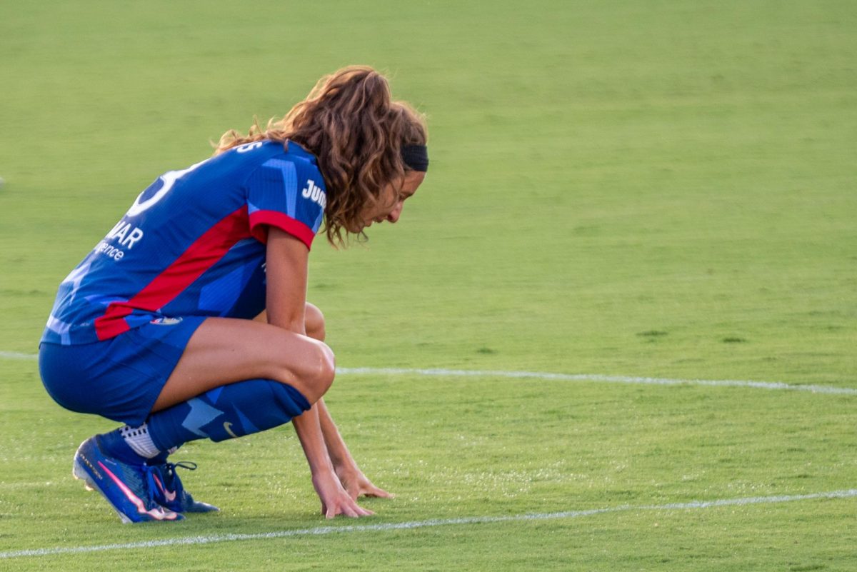 Defender Ryan Williams rests during the match against Washington Spirit FC at First Horizon Stadium at WakeMed Soccer Park on Saturday, July 11, 2026. The Spirit beat the Courage 2-0.