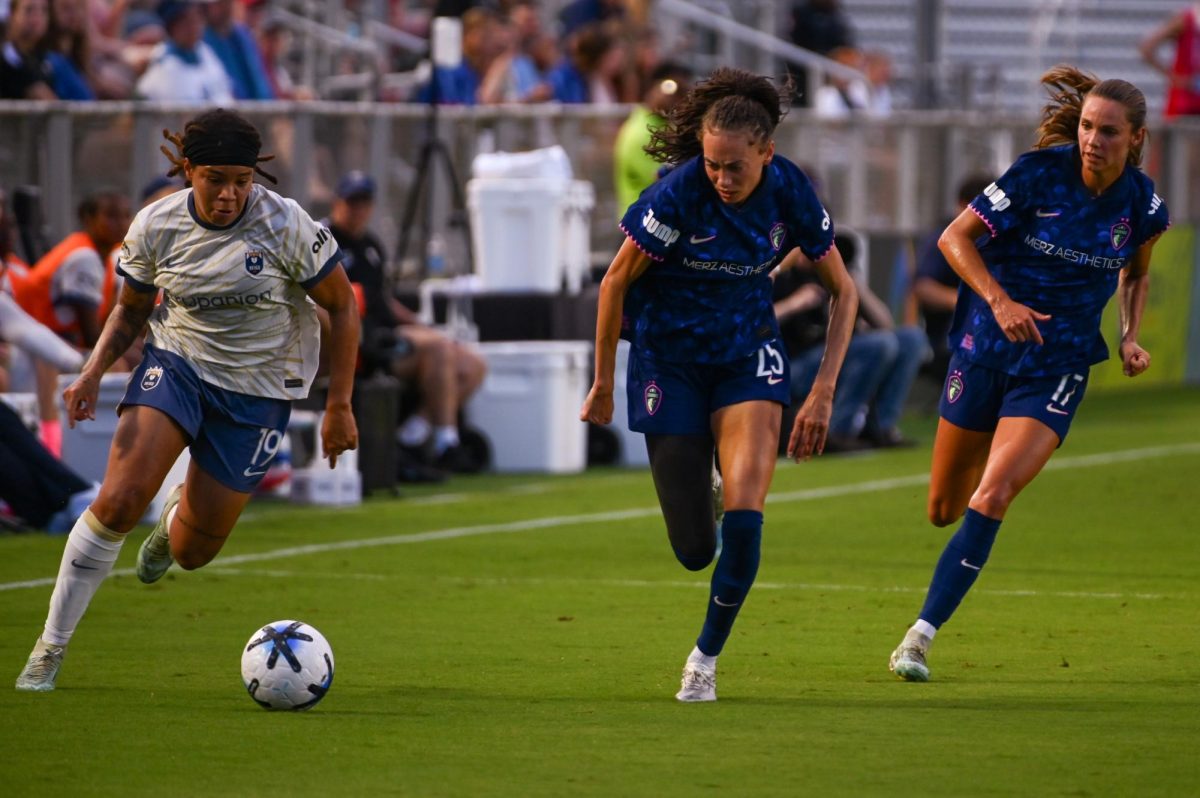 Defender Maycee Bell attacks the ball during the game against Seattle at First Horizon Stadium at WakeMed Soccer Park on Saturday, July 4, 2026. North Carolina beat Seattle 3-1.