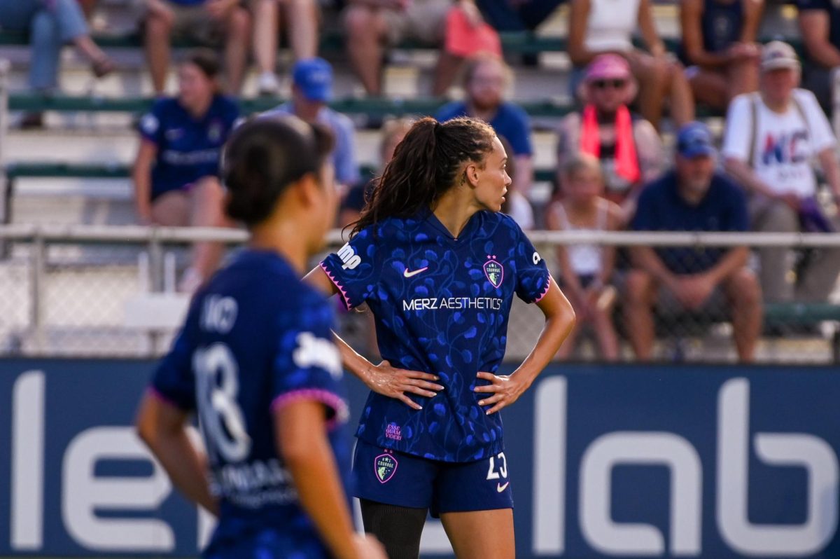 Defender Maycee Bell prepares for the next play during the game against Seattle at  First Horizon Stadium at WakeMed Soccer Park on Saturday, July 4, 2026. North Carolina beat Seattle 3-1.