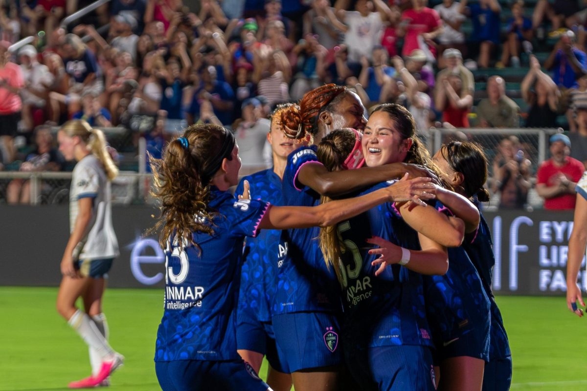 Midfielder Riley Jackson celebrates after scoring during the game against Seattle at First Horizon Stadium at WakeMed Soccer Park on Saturday, July 4, 2026. North Carolina beat Seattle 3-1.
