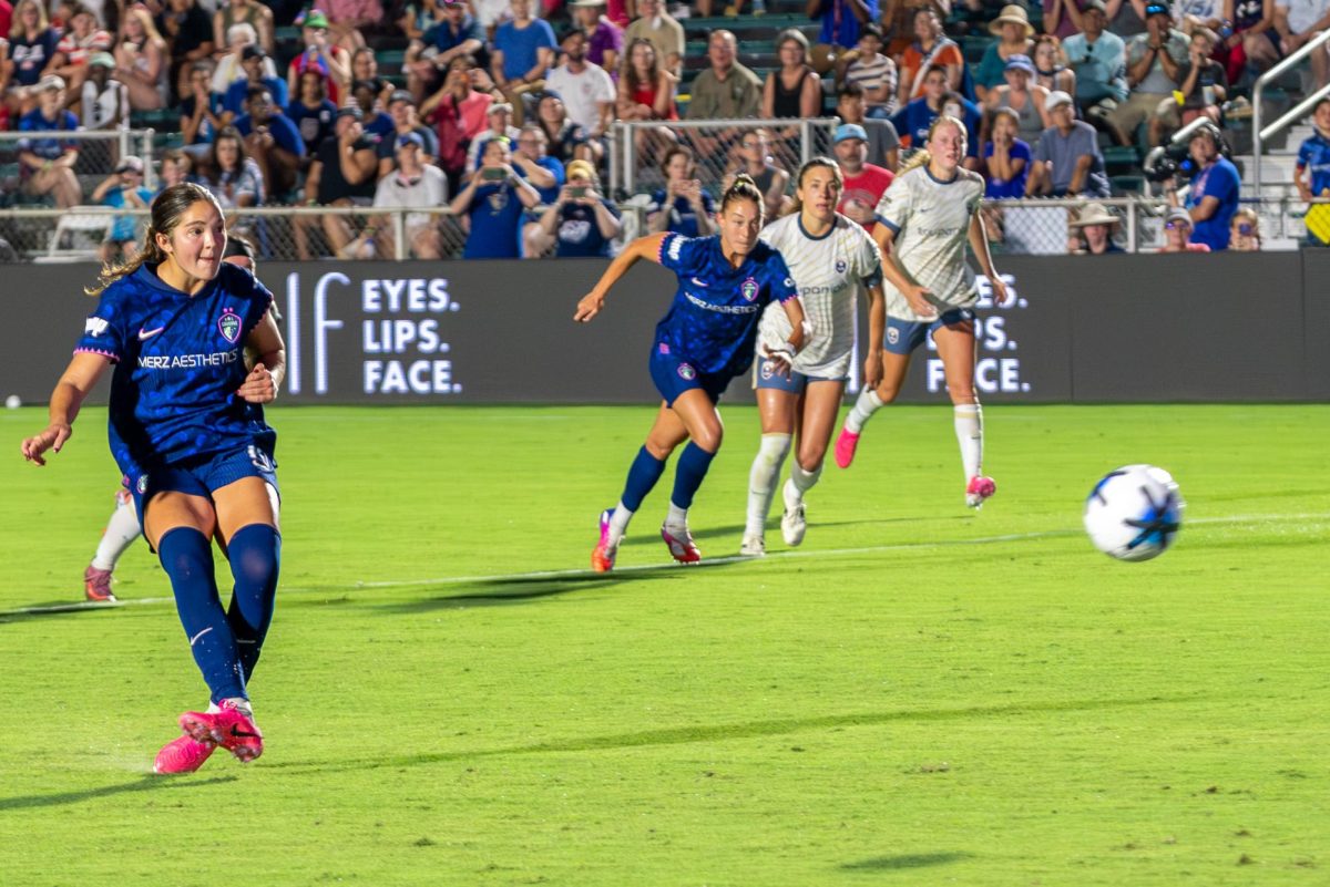 Midfielder Riley Jackson shoots a penalty kick during the game against Seattle at First Horizon Stadium at WakeMed Soccer Park on Saturday, July 4, 2026. North Carolina beat Seattle 3-1.