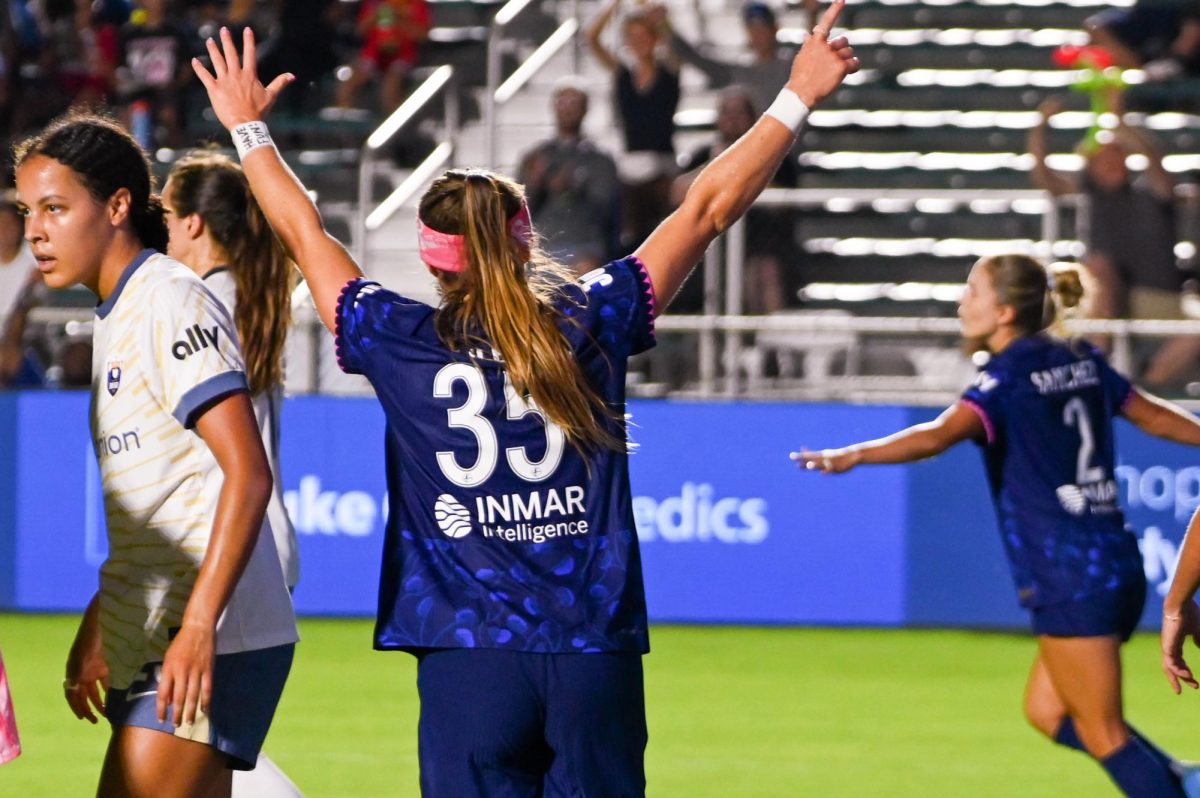 Forward Ally Schlegel celebrates a goal during the game against Seattle at First Horizon Stadium at WakeMed Soccer Park on Saturday, July 4, 2026. North Carolina beat Seattle 3-1.