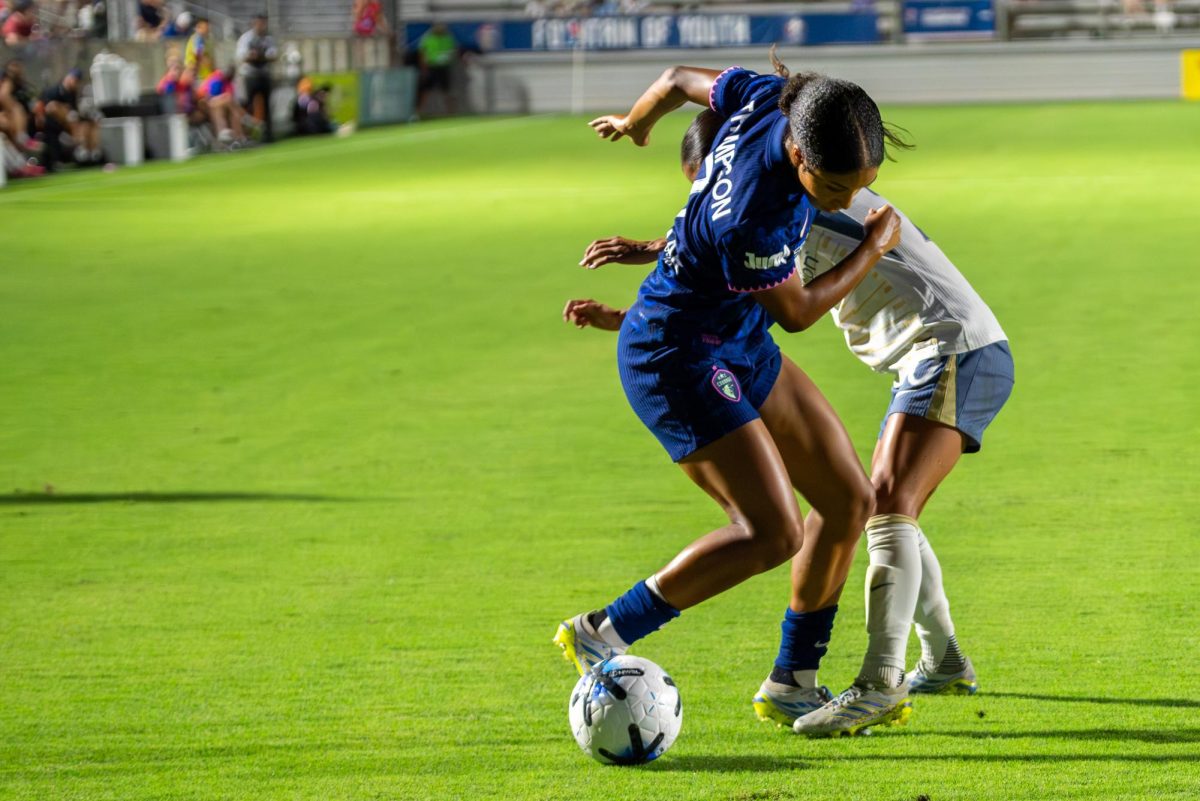 Forward Lauryn Thompson attacks the ball during the game against Seattle at First Horizon Stadium at WakeMed Soccer Park on Saturday, July 4, 2026. North Carolina beat Seattle 3-1.
